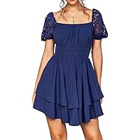 Women's Summer Square Neck Lace Puff Sleeve Mini Dress Tie Back Flowy A-Line Ruffle Swing Casual Short Dresses