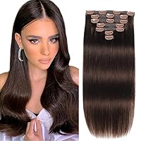 Straight 20 Inch Clip in Real Human Hair Extensions, 115g Light Dark Brown to Chocolate Brown Double Weft 7 Pcs with 16 Clips in Hair Extensions for Women (#2A, 20 Inch)