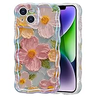 EYZUTAK Case for iPhone 14, Colorful Retro Oil Painting Printed Flower Laser Beam Glossy Pattern Cute Curly Waves Border Exquisite Phone Cover Stylish Durable TPU Protective Case for Girls Women-Green