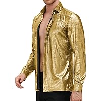 PJ PAUL JONES Men's 70s Disco Shirts Luxury Metallic Sequins Button Down Long Sleeve Party Shirt Nightclub Costume Tops