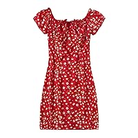 Floerns Women's Frill Tie Front Ditsy Floral Short Sleeve A Line Dress