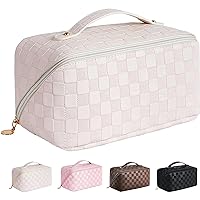 Large Capacity Travel Cosmetic Bag, Plaid Checkered Makeup Bag PU Leather Waterproof Skincare Bag for Women and Girls