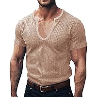 Men's Stretch Muscle T Shirts Deep V Neck Short Sleeve Ribbed Knit Tee Top Regular Fit Workout Bodybuilding Textured Shirts