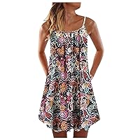 Beach Dresses for Women,2024 Spring Summer Casual Loose Sleeveless Sling Sundress,Trendy Print Flowy Ruched Mini Boho Dress