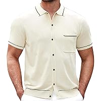 Men's Casual Stretch Ribbed Shirts Vintage Short Sleeve Button Up Polos T-Shirts Regular Fit Collared Camp Beach Shirts Tops