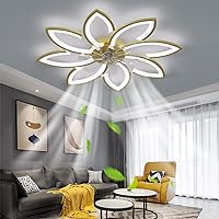 35''Ceiling Fans with Lights,Bladeless Ceiling Fan with Lights and Remote, Flush Mount with Dimmable LED Light,Modern Low Profile, 6 Speed Wind Timing for Bedroom 90W (Gold)