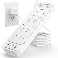Power Strip with Surge Protection - 12 Outlets (2 Widely Outlets) with 4 USB Ports (2 USB C), 3500 Joules Surge Protector, Flat Plug, 6 Feet Extension Cord (1250W/10A), for Home Office Dorm, White