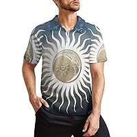 Sun and Moon Design Men's Zippered Polo Shirt Casual Slim Fit Short Sleeve Golf T Shirts