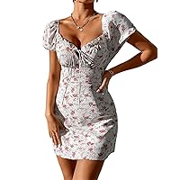 Summer Dresses for Women 2023 Allover Floral Print Tie Front Frill Trim Puff Sleeve Dress