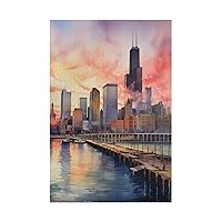 Chicago Skyline Puzzle, Watercolor Image, 110-1020 Pieces, Jigsaw Puzzle for Adults and Kids (1014-piece Vertical)
