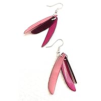 Tagua Earrings in Pink and Burgundy Vegetable Ivory Dangle Earrings Tag267, Handmade Organic Earrings, 3 Strips Earrings Tagua Earrings