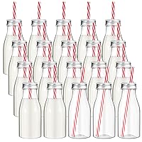 20 Set Plastic Milk Bottles with Straws & Metal Lids Clear Plastic Bottle for Dairy Milk, Party Bottle for Milk Juices Shakes Smoothies, 20 Bottles 20 Straws(Red, White,8 oz)