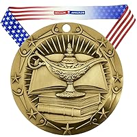 Academic World Class Medal - 3 Inch Wide | Lamp of Knowledge Medallion with Stars and Stripes American Flag V Neck Ribbon