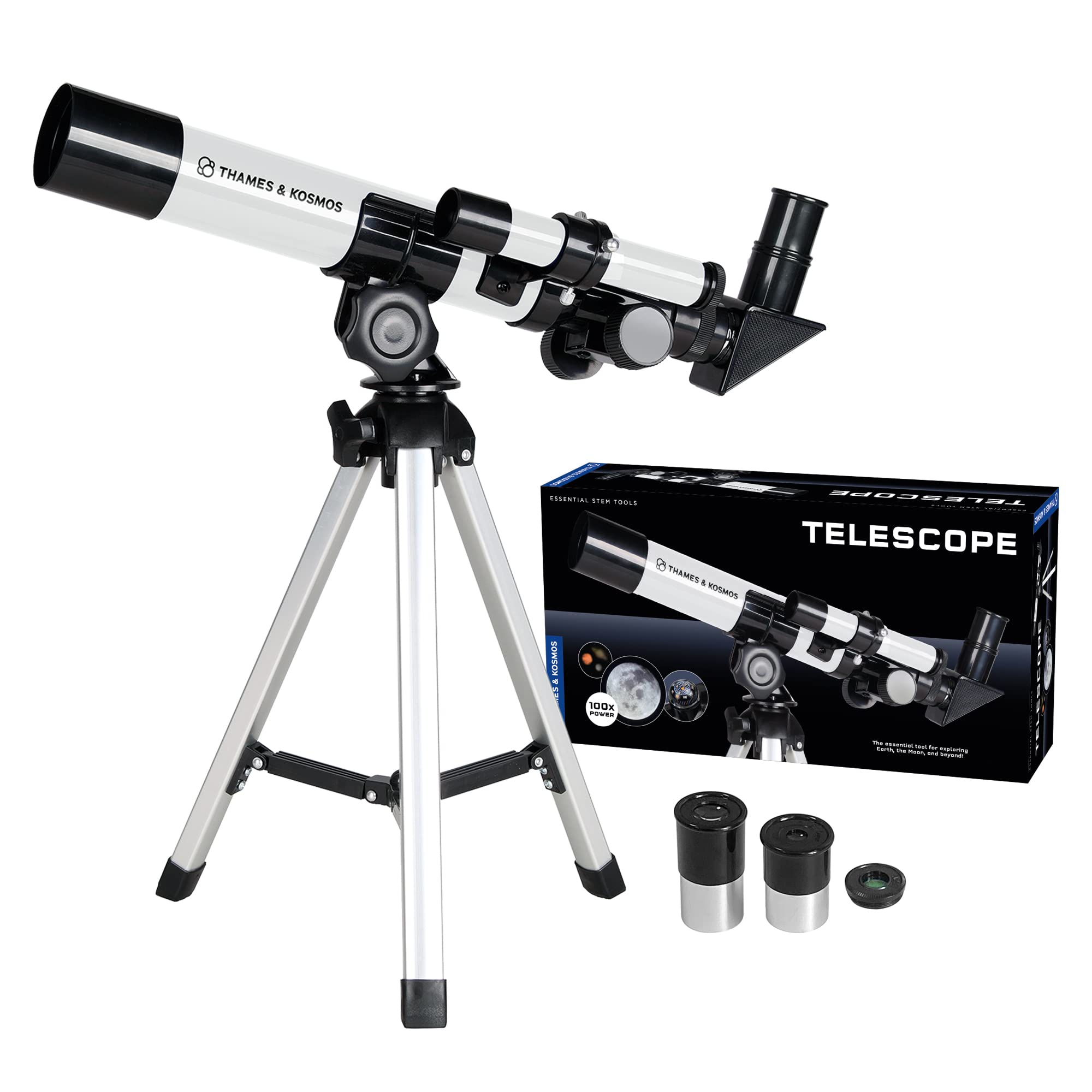 The Thames & Kosmos Telescope Essential STEM Tool | Entry-Level Refractor Telescope with 100x Magnification & Built-in Compass | Classic Scientific Device for Astronomical & Terrestrial Observations