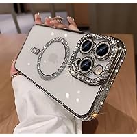 Cute Compatible with iPhone 14 Pro Magnetic Glitter Case,Luxury Bling Rhinestone Soft Clear TPU Bumper Case,Compatible with MagSafe and Camera Lens Protection Cover for Women Girls(Silver)