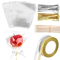 WXJ13 DIY Candy Apple Kit Candy Include 50 Pcs Apple Bamboo Sticks, 50 Pcs Candy Cellophane Treat Bags, 2 Rolls of 25 Yard Glitter Ribbon and 200 Pcs Metallic Twist Ties for Caramel Apples, Cake Pop