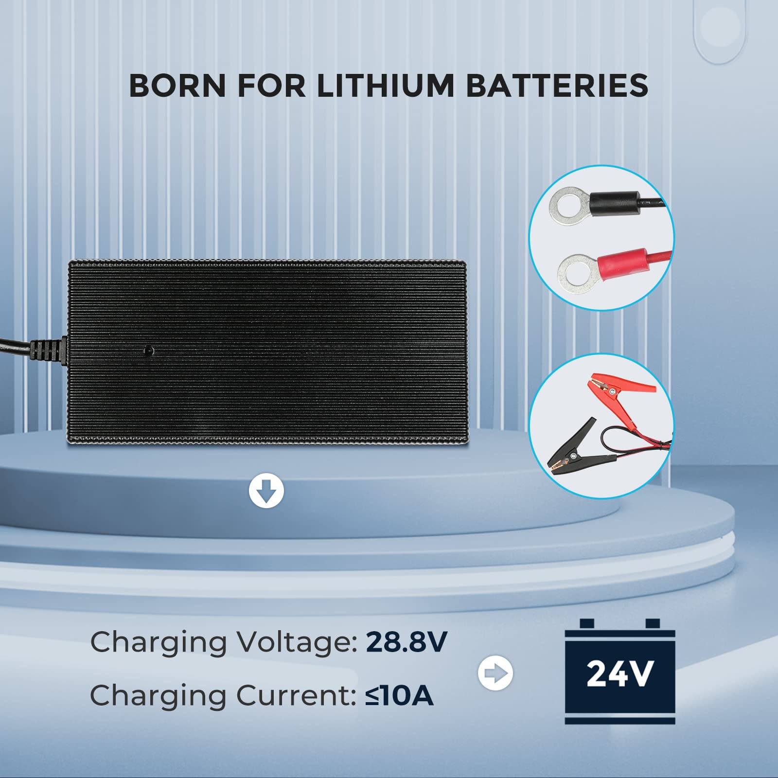 Renogy 24V 10A AC-to-DC LFP Portable Battery Charger Plug-and-Play with 14AWG Alligator Clips for Lithium-Iron Phosphate Batteries, Suitable for RVs, Motorbikes, Boats, and Camper-Van