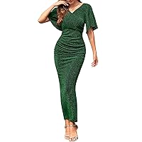 UONBOX Women's V Neck Sparkly Ruched Dress Glitter Party Cocktail Maxi Bodycon Dress
