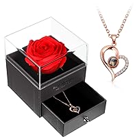 Hicarer I Love You Necklace 100 Languages Projection Heart Pendant Necklace Crystal Loving Memory Collarbone Necklace with Red Rose Jewelry Storage Box for Valentine's Day