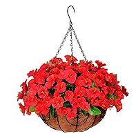 Artificial Hanging Plants Flowers Basket,Faux Silk Morning Glory Arrangement in 12 inch Planter Flowerpot,Fake Hanging Flowers for Patio Garden Porch Deck Outdoor Spring Decor(Rose red)