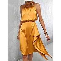 Women's Dress Solid Asymmetrical Hem Halter Dress (Color : Yellow, Size : X-Small)