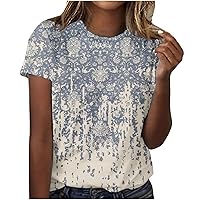 Womens Dressy Tops, Women's Fashion Casual Short Sleeve Flower Print Round Neck Pullover Top Blouse