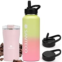 SANTECO 40oz Straw Water bottle & 12oz Insulated Coffee Cup Pink with Flip Lid