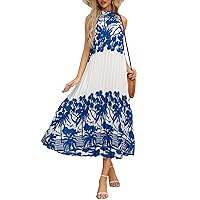 Womens Halter Neck Long Dresses Cute Sleeveless Floral Flowy Pleated Beach Maxi Dress Cocktail Party Dress