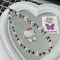 Beaded Phone Charm, Face Phone Lanyard Wrist Strap Gemstone Handmade Phone Chain Strap Keychain for Women Girls (Pink Cat)