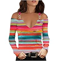 Women Off The Shoulder Tops Tie Dye Notch V Neck Blouse Long Sleeve Sexy Shirts Casual Tees Loose Fitted Tunic Tops