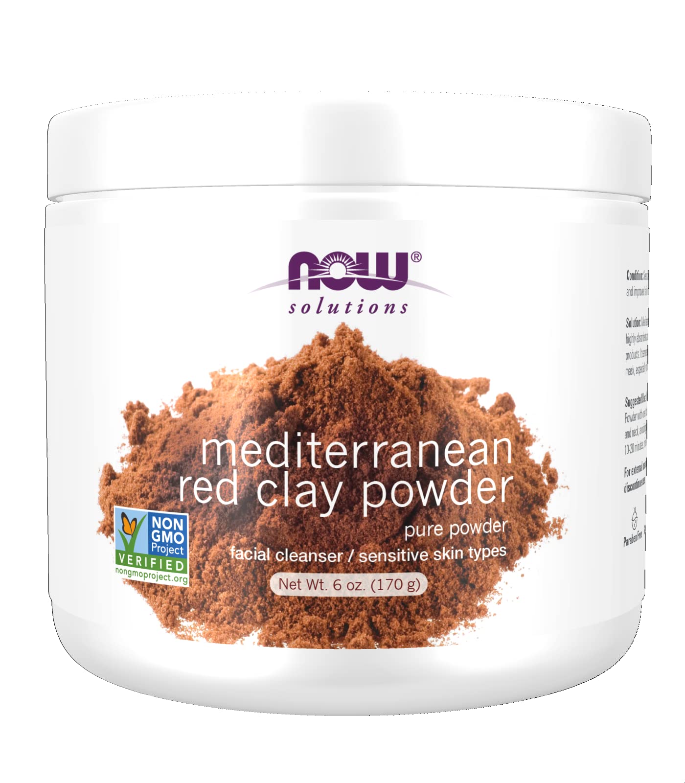 NOW Solutions, Mediterranean Red Clay Powder, Pure Powder for Sensitive Skin Facial Mask, 6-Ounce