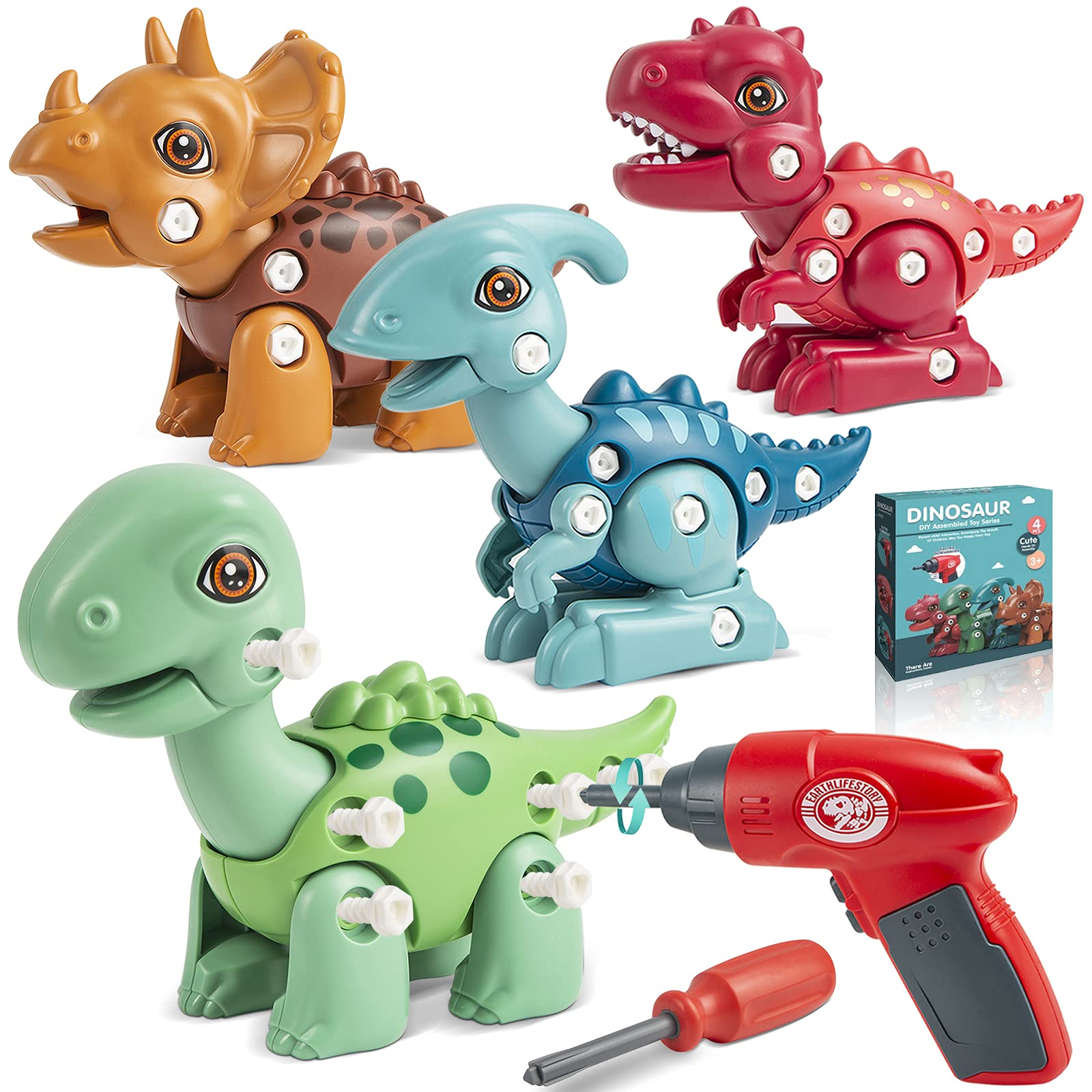 Piestol Dinosaur Toys for 3-5 5-7 Year Old Boys，Take Apart Dinosaur Toys for Kids with Electric Drill，Incl Tyrannosaurus Rex Triceratops Easter Basket Stuffers Gift（4 in 1）
