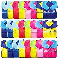 24 Pack Waterproof Kids Art Smocks Children Artist Painting Smocks Toddler Art Painting Apron Long Sleeve with 3 Pockets Paint Cover for Girl Kids Boy Age 5-8 Years for Baking Eating Arts Crafts