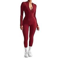 SUUKSESS Women Long Sleeve Ribbed Jumpsuit Zip up Front Workout Bodycon Romper