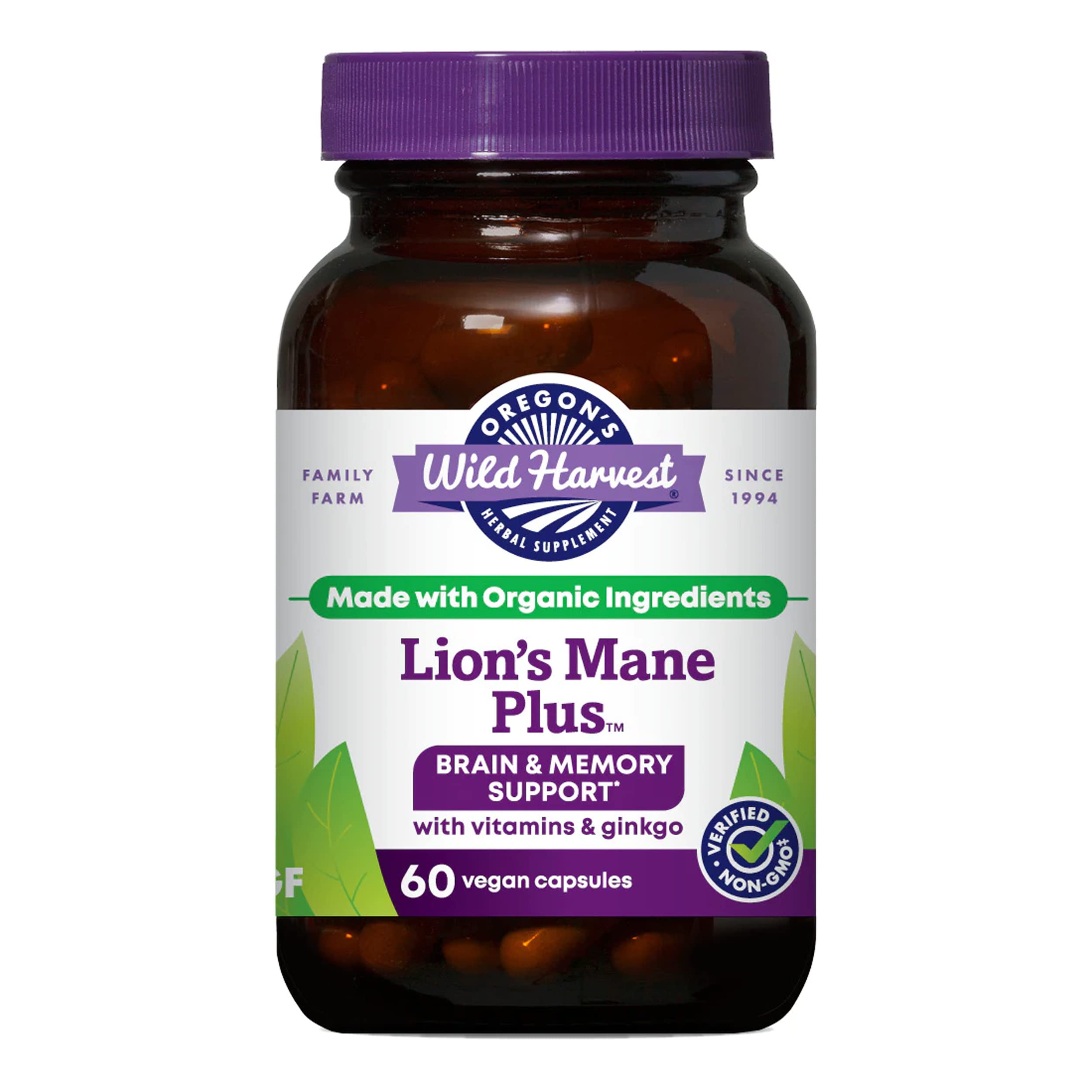 Oregon's Wild Harvest Lion's Mane Plus Brain & Memory Support with Vitamins & Ginkgo, Organic, 60 Count