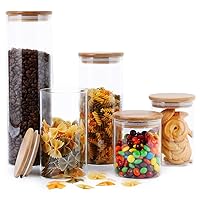 FOCUSLINE 5 Pack Glass Kitchen Canister Set, Clear Glass Food Storage Jars with Airtight Bamboo Wooden Lid For Flour, Sugar, Candy, Cookie