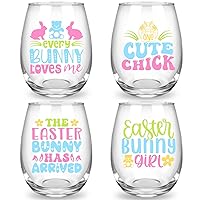 4 Pack Easter Stemless Wine Glasses 15 Oz Bunny Tumbler Cups Spring Drinking Glasses Funny Holiday Wine Glasses Cups Easter Gifts Decorations for Party Supplies