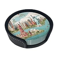 New York Map Illustration Print Leather Coasters Set of 6 Waterproof Heat-Resistant Drink Coasters Round Cup Mat with Holder for Living Room Kitchen Bar Coffee Decor