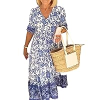 Deep V Neck Paisley Print Half Sleeve Maxi Dress for Women Casual Floral Ruffle Hem Flowy Fall Beach Long Dresses