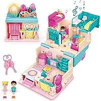 deAO Mini Doll House, Pocket World Dollhouse with Furniture & Accessories Ice Cream Theme Dream House Pretend Play House with 2 Dolls Toy Figures Birthday Gift for Girls Age 3+