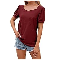 Summer Tops for Women 2024 Dressy Casual Square Neck Puff Sleeve Shirts Fashion Flowy Lace Short Sleeve Blouse Tunic
