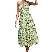 GRASWE Womens Casual Oblique Collar Dress Sleeveless One Shoulder Dress Chiffon Vintage Print Dress