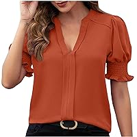 Summer Notch V Neck T Shirts for Women Puff Short Sleeve Work Tops with Smocked Cuff Elegant Dressy Blouses for Office Ladies