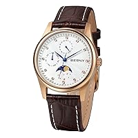 BERNY Womens Multi-Function Watch with Calendar and Moon Phase Watch - Stainless Steel Case and Leather Band