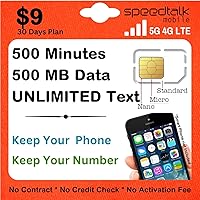 SpeedTalk Mobile SIM Card Kit for Smart Phones & Cellphones | $9 Monthly Plan - Unlimited Text + 500 Minutes Talk & 500MB 5G 4G LTE Data | 3-in-1 Standard Micro Nano size | 30-Day US Wireless Coverage