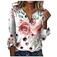Outfits for Women Women's Loose Casual Three-Quarter Sleeves V-Neck Lace Floral Print T-Shirt Top