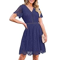 MEROKEETY Women's V Neck Floral Lace Wedding Dress Short Sleeve Cocktail Party Dress