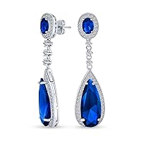 Classic Estate Jewelry Bridal Art Deco Style Halo Linear Long CZ Statement Dangle Teardrop Chandelier Earrings For Women Prom Bridal Party Jewel Colors AAA Cubic Zirconia Silver Plated