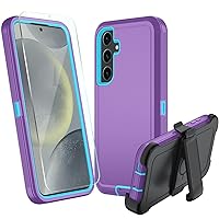 for Samsung Galaxy S24 5g Case,S24 Heavy Duty case,with Belt-Clip Holster,Tempered Glass Screen Protectors, [Military Grade Protective ] [Dust-Proof] Rugged Tough Cover (Purple/Sky Blue)