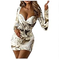 Women's Long Sleeve Sweetheart Neck Bustier Bodycon Dress Sexy V Neck Ruched Stretchy Bodycon Mini Party Cocktail Dress Solid Color/Tie Dye Clubwear(Khaki XL)